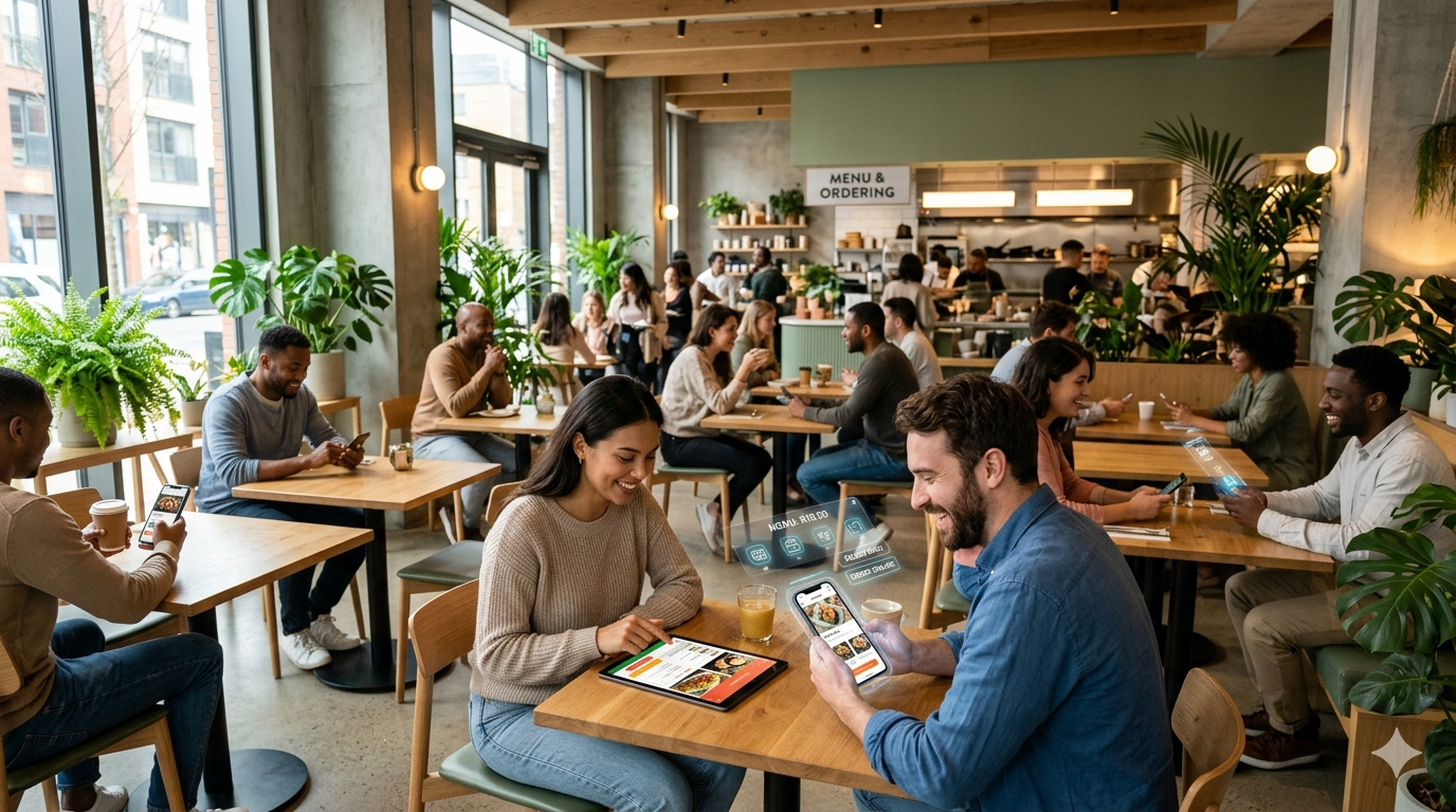 Modern restaurant with customers ordering online